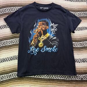 Pop Smoke Meet the Woo 2 Album Black Blue Gold Airbrush Rap Tee Shirt Sz Large